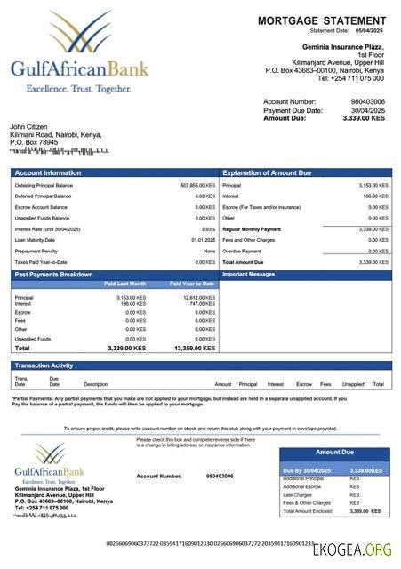 Modèle Word et PDF de relevé hypothécaire de la Gulf African Bank du Kenya